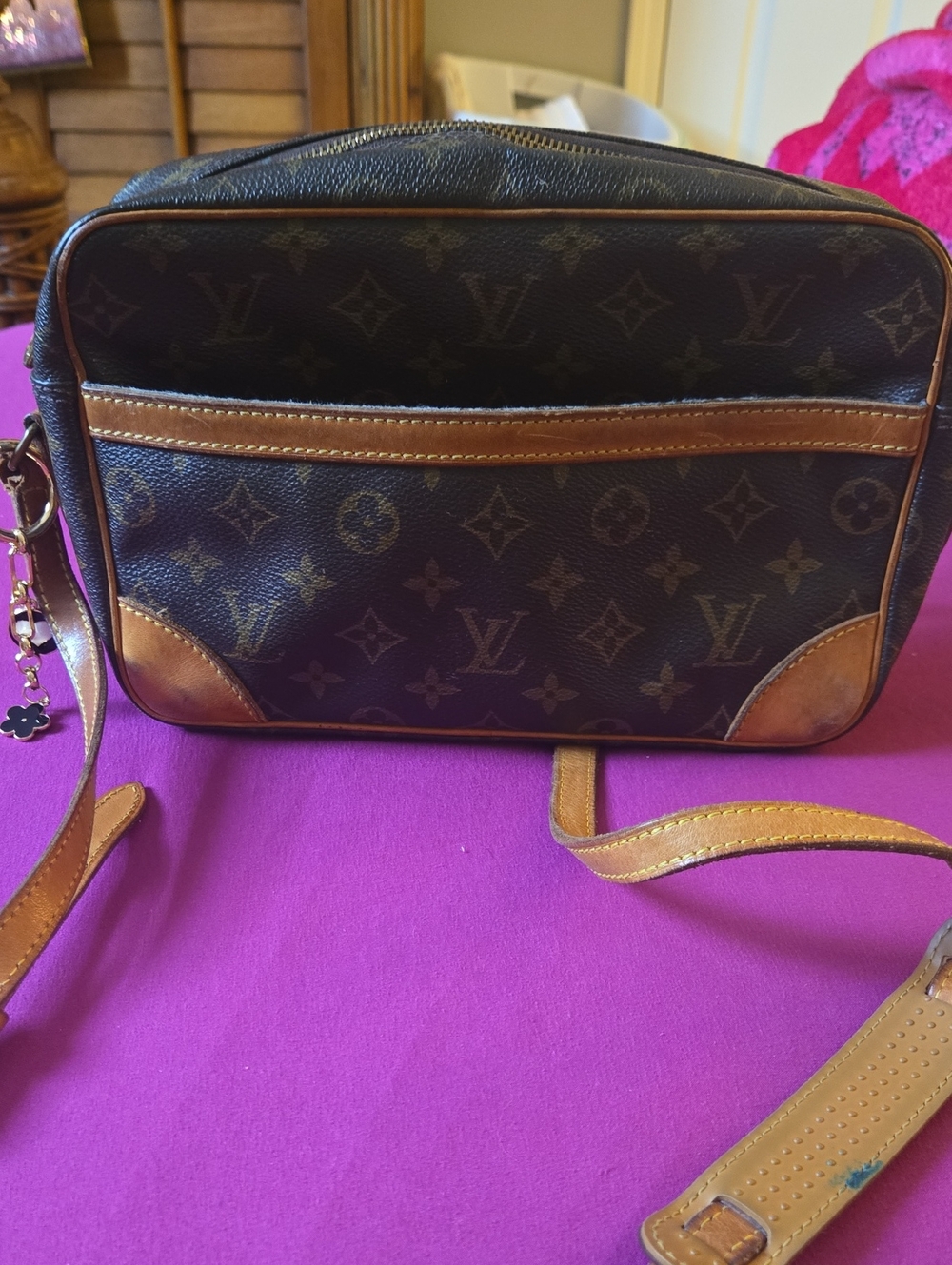Louis Vuitton Monogram Crossbody with Tan Trim And Purse Charm